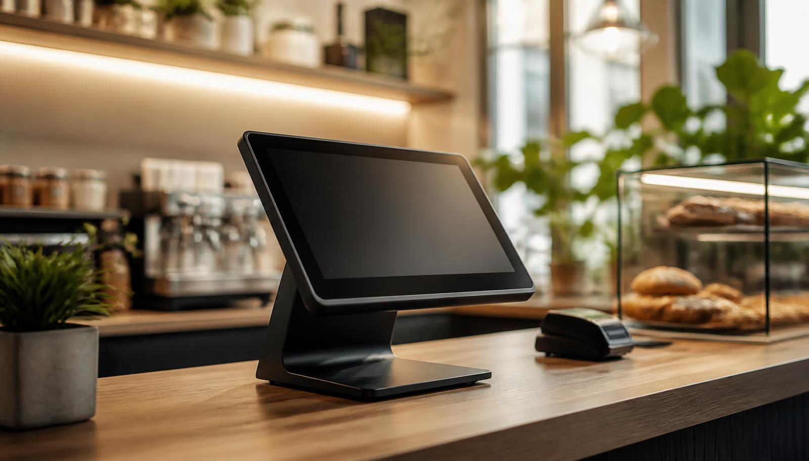 Modernes Kassensystem mit Touchscreen auf einem Tresen