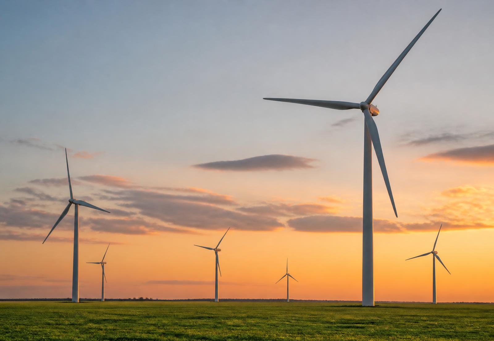 Windpark in der Dämmerung mit Netzstation im Vordergrund
