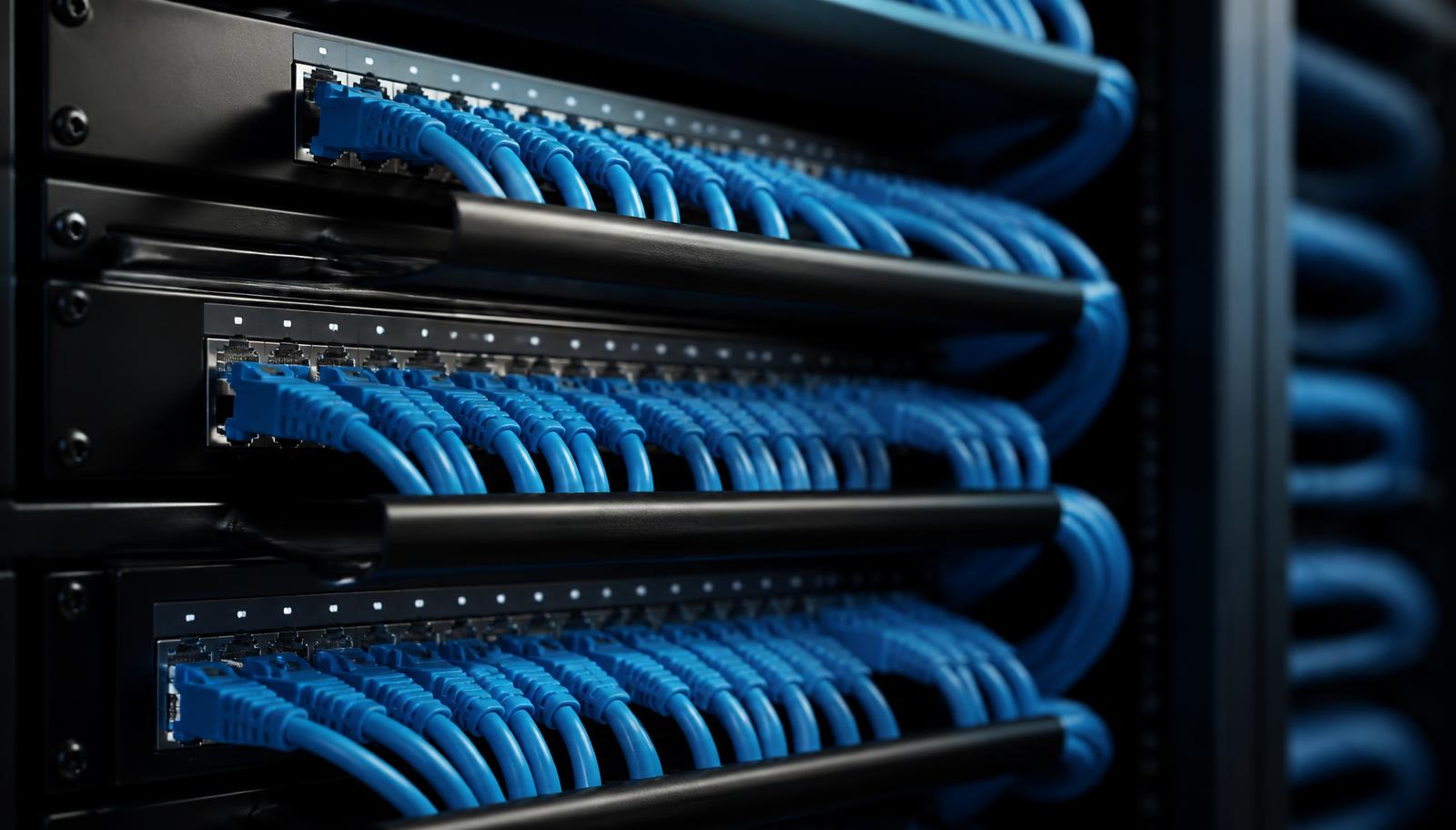 Netzwerk-Patchpanel mit blauen Kabeln im Serverschrank