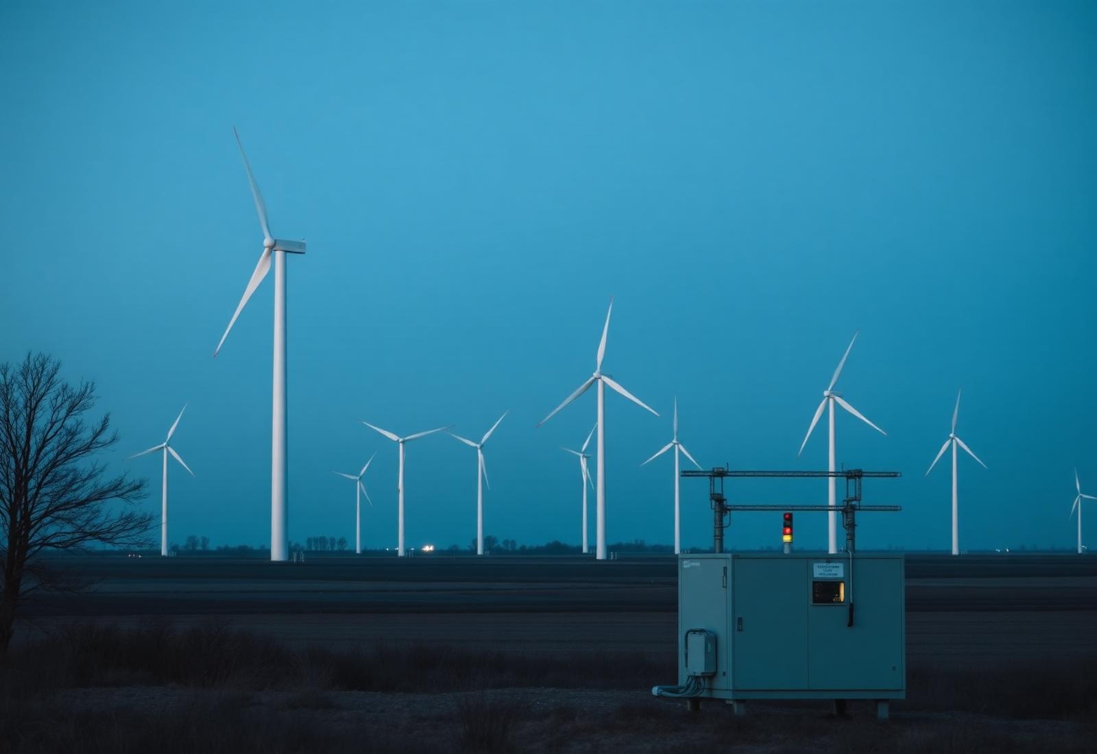Windpark in der Dämmerung mit Netzstation im Vordergrund