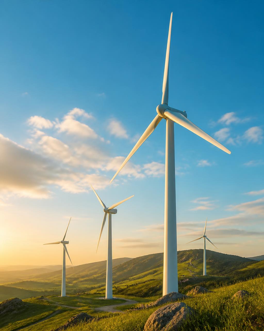 Windkraftanlage in grüner Landschaft