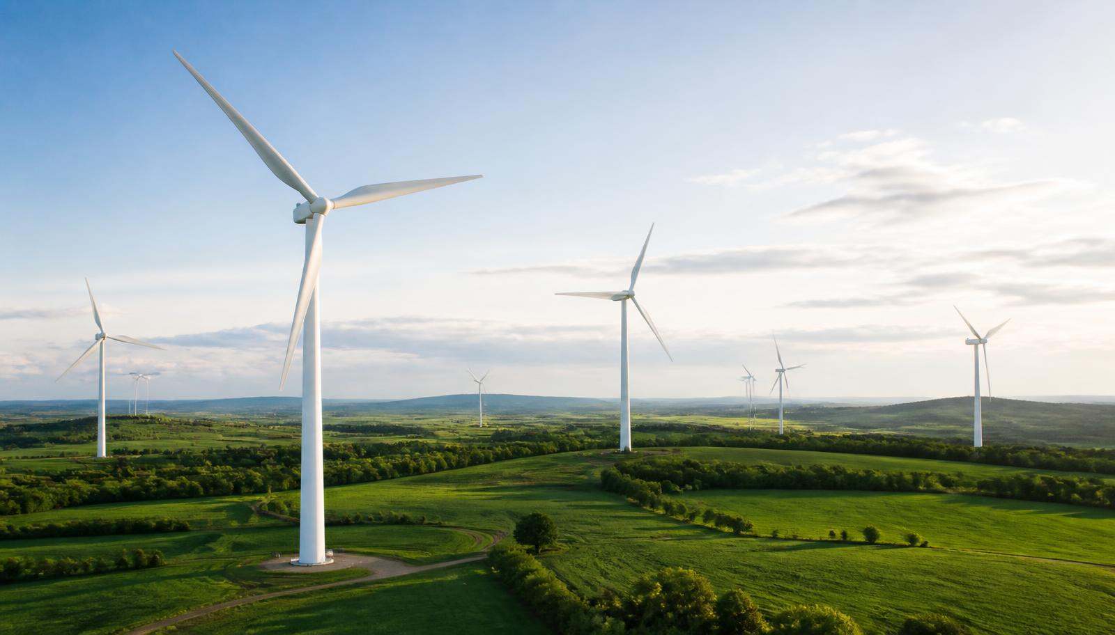 Windpark mit Windkraftanlagen über grünen Feldern