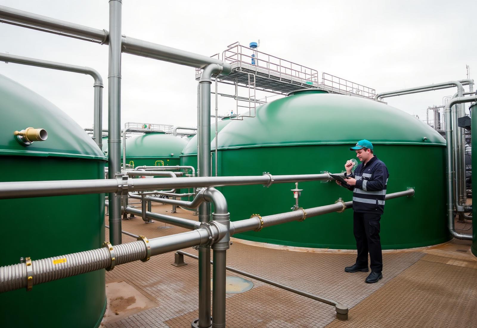 Techniker prüft eine Biogasanlage mit Fermenterkuppeln